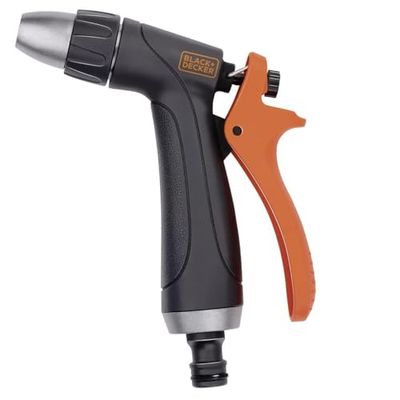 BLACK+DECKER Pistola de pulverización ajustable, boquilla para manguera de jardín, con flujo de agua ajustable, mango ergonómico, plástico, negro/naranja