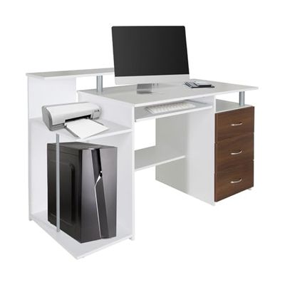 hjh OFFICE 830061 Table d'ordinateur WORKSPACE H IV Blanc/Noyer Bureau avec tiroirs & Clavier Coulissant, 89 x 137 x 60 cm