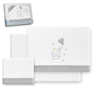 Interbaby Beddengoedset voor kinderbed, 60 x 120 cm, 100% polyester, warm, inclusief hoeslaken, dekbedovertrek en kussensloop, ideaal voor de winter, olifantenballon, hart, wit/grijs