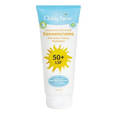 Childs Farm Zonnecrème voor kinderen en baby's, zeer hoge bescherming met SPF 50+, waterbestendig, UVA- en UVB-bescherming, 200 ml. Geschikt voor droge, gevoelige of ook tot eczeem neigende huid