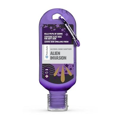 Palm Safe Alien Invasion 60ml Anti Bacterial Premium Hand Sanitiser Travel Size Refillable Clip Bottle Quick Drying Non Sticky Extra Moisturising Kills 99.9% of Viruses