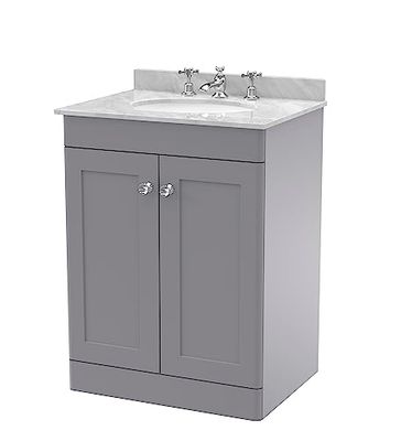 nuie CLC225GR3 Classique Floor Standing 2 Door Unit & 3 Tap Hole Marble Worktop with Round Basin, 600mm, Satin Grey