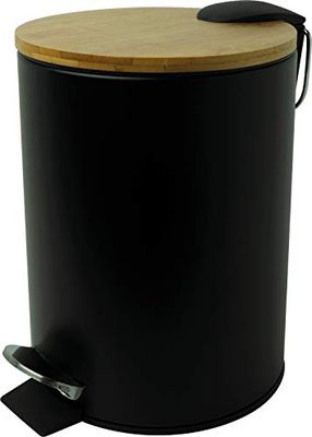 Helit H2404495 The Bamboo Poubelle à pédale avec couvercle en bambou, récipient en métal, fermeture silencieuse, noir, 1 pièce