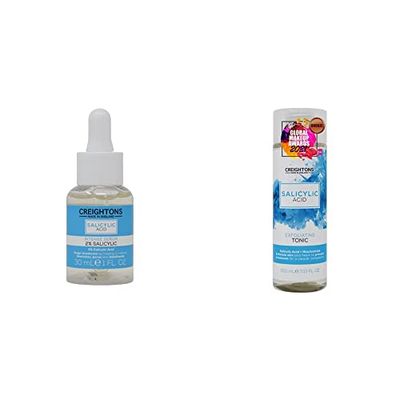 Creightons Salicylic Acid Intense Serum 2% Salicylic (30ml) - Target breakouts by helping to reduce blemishes & Exfoliating Tonic (200 ml) - Salicylic Acid (1%) & Niacinamide (1%)