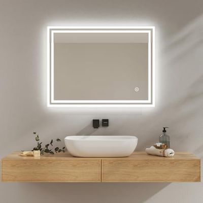 EMKE Miroir Salle de Bain avec Éclairage 80x60 cm, Miroir LED,3 Couleurs de Lumière Dimmables(Lumière Blanche Chaude/Froide/Neutre), Fonction Anti-buée, Interrupteur Tactile, Miroir Mural