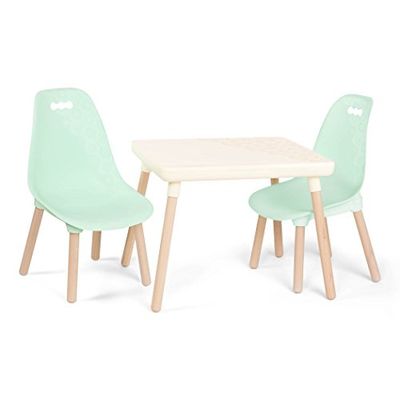 B. spaces Kindertafel met 2 stoelen, kinderzitgroep – 1 tafel en 2 kinderstoelen met houten poten voor kinderen vanaf 3 jaar (3 delen) kindermeubel beige, mint
