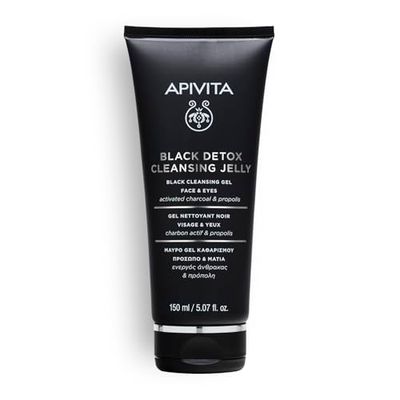 Apivita Black Detox Cleansing Jelly face & eyes 150ml - Facial Cleanser & Make up Remover - Natural Face Wash with Activated Charcoal & Propolis - Attracts Pollutants like Magnet, Leaves Skin Fresh