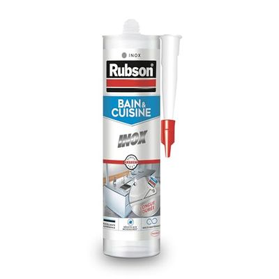 Rubson Mastic Bain & Cuisine Couleur Inox Gris Métallisé, Joint silicone multi-matériaux renforcé en antifongiques, mastic sanitaire coloré, souple & étanche, 280 ml