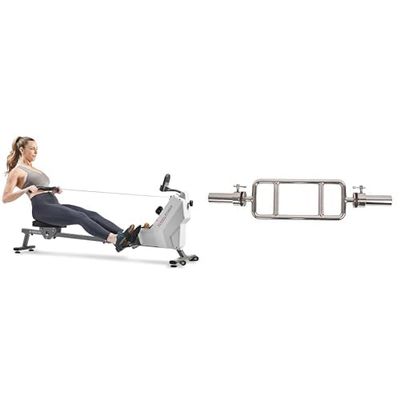 Sunny Health & Fitness Compact Folding Magnetic Rowing Machine w/ 109 CM Slide Rail, 130 KG Max + 86 cm Olympic Triceps Bar with Ring Collars, Olympic Weight for Weightlifting and Bodybuilding