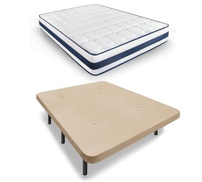 HOGAR24 ES Letto Completo | Base Imbottita MultiCare Class | Valvole di Traspirazione | Colore Beige | Set di Gambe 26 cm | Materasso con adattabilità progressiva | 135 x 200 cm, Bianco, 135x200 cm