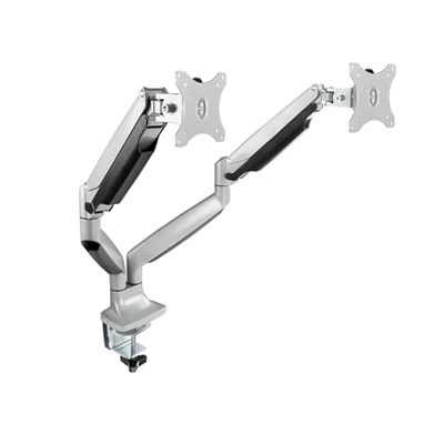 Draaibare en kantelbare monitor tafelsteun met twee armen, geschikt voor schermen van 13 tot 32 inch (33 tot 81,3 cm), zilverkleurig.