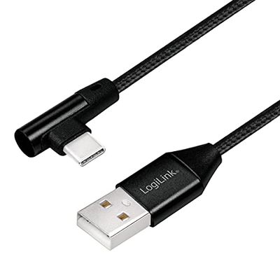 USB 2.0 anslutningskabel, USB (typ A) till USB (typ C) 90° vinklad, svart, 1 m