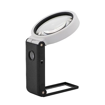 WEDO Lente d'ingrandimento a LED UV con base pieghevole con batterie e cavo USB, ampio campo visivo da 9 cm e ingrandimento 2,5 x + lente aggiuntiva da 2,5 cm di diametro, 10 volte, colore nero