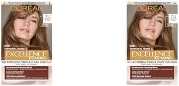 L'Oreal Paris Excellence Permanent Hair Dye Colouring Cream, 100% Grey Coverage, With Pro-Keratin + Ammonia-Free, Universal Nudes, 7U Blonde (Pack of 2)