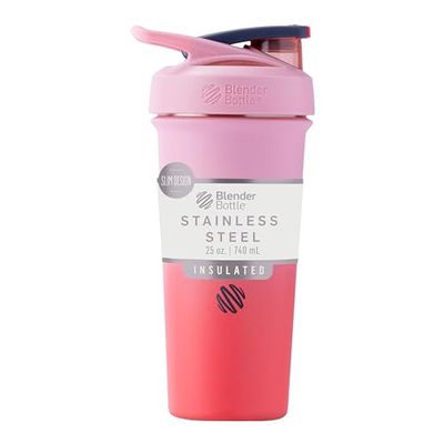 BlenderBottle Strada Sleek Shaker Cup Insulated Stainless Steel Water Bottle with Wire Whisk, 740ml, Flamingo Ombre