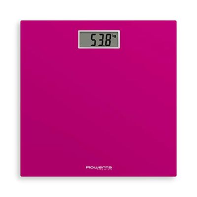 Rowenta Premiss 2 Digitale personenweegschaal, gehard glas, precisie alle 100 g, intelligente functies, groot display, inclusief batterij, fuchsia, 30 x 30 cm