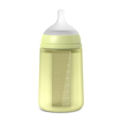 Suavinex, Siliconen babyfles, 240 ml, fysiologische speen van siliconen SX Pro, met anti-koliek ventiel, middelmatige stroming fles (M), voor baby's vanaf 3 maanden. Colour Essence Lime