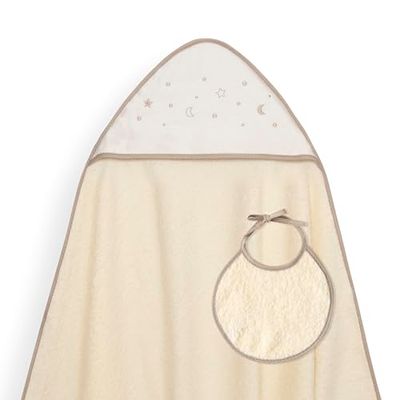 Interbaby - Capa de Baño Bebe Beige + Babero | Toalla Bebe con Capucha 100% Algodón, 100x100cm, Unisex | Suave, Cómoda, Ideal Recién Nacidos, Bebes y Niños Pequeños | Diseño Estrellas Lunas Bodoques
