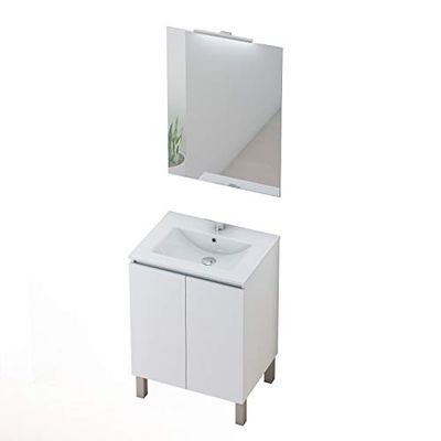 Baikal Conjunto Mueble de Baño con Lavabo y Espejo con Aplique LED con Patas, en Varios Acabados, Melamina 16. 2 Puertas 80 cm Blanco