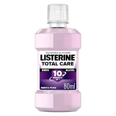 LISTERINE Collutorio Total Care, Collutorio da viaggio 0% alcol per una protezione completa al Gusto Delicato di Menta Pura, Senza alcool e con Fluoro per denti forti e gengive sane, 80 ml