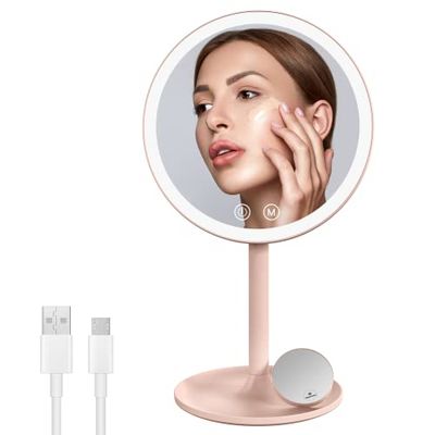EMKE Miroir de Maquillage avec éclairage, Miroir cosmétique LED avec 3 Couleurs de lumière, Miroir de Maquillage Pratique avec grossissement 1/3x, luminosité Variable et Interrupteur Tactile (Rose)
