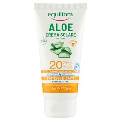 equilibra Solar Aloe Solar Cream SPF 20 Travel Size, baserad på Aloe Vera, Vitamin C och E, Arganolja, kokosnötsolja och sheasmör för hälsosam och naturlig solbränna, vattenbeständig, 75 ml