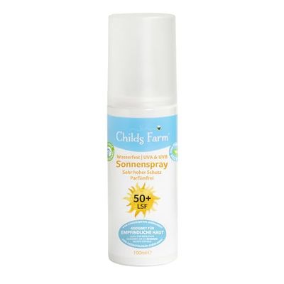 Childs Farm Zonnebrandspray voor kinderen en baby's, zeer hoge bescherming met SPF 50+, waterbestendig, UVA- en UVB-bescherming, 100 ml. Geschikt voor droge, gevoelige of eczeemgevoelige huid