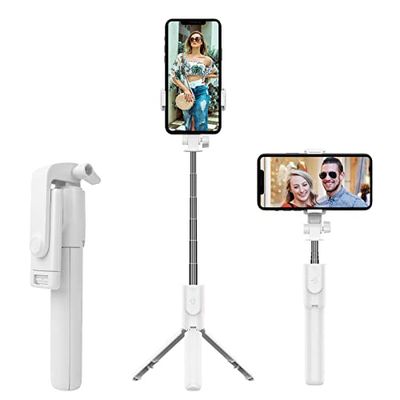 CUTTOW Selfie Stick Trípode 3 en 1 Bluetooth Selfie Stick con Mando a Distancia inalámbrico, trípode de Aluminio para iPhone 13/12/12, Samsung Smartphone, Blanco, CT05