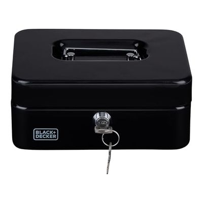 BLACK+DECKER Spaarpot met sleutel, uitneembare lade met 3 vakken, incl. 2 sleutels, 20 x 16 x 8,5 cm, metaal, zwart