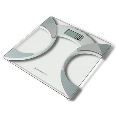 Salter 9141 WH3R Báscula Analizadora De Vidrio Fina, Peso, Grasa/Agua Corporal e IMC, Memoria Para 4 Usuarios, Tocar Para Encender, Patas Especiales Para Mayor Precisión, Máx. 160 kg, Plateada