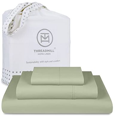 Threadmill - 300 Thread Count Sage Green Twin Sheets - 100% Long Staple Cotton Sheets - 3 Pc Bed Sheet Set - Washable & Breathable Sateen Sheets with Elasticized Deep Pockets - Wrinkle Free Sheets