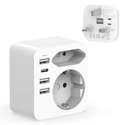 Hoppac Adaptador Enchufe UK 6 en 1 Con 3 USB y 1 USB C 3.4A, Enchufe Inglés a Español, Reino Unido Con Europeo y Schuko, Tipo G Para Irlanda, Inglaterra, Dubái