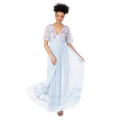 Maya Deluxe Women's Ladies Maxi Dress Short Puff Sleeve V-Neck Floral Embroidered Tulle Lace Keyhole Back Ruffle Empire A-Line Prom Vestido, Baby Blue, 48 para Mujer