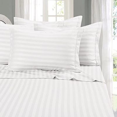 Elegant Comfort Softest and Coziest 4-Piece Sheet Set - 1500 Thread Count Egyptian Quality Microfiber - Luxurious Wrinkle Resistant 4-Piece Damask Stripe Bed Sheet Set, Twin XL, White