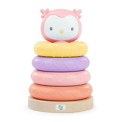 Ingenuity: ity by Ingenuity, Jouets à empiler Cutie Stacks, Nally, 4 anneaux sans BPA, support en faux bois, hibou, unisexe, à partir de 6 mois