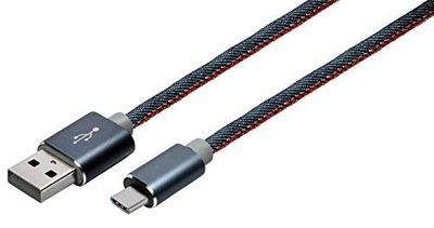 Maxtrack laddnings- och synkroniseringskabel, USB-typ A-kontakt till USB-typ C-kontakt, 1,0 m, denim tygskydd (1 kabel)