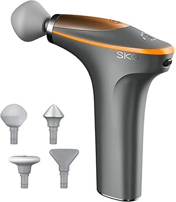 SKG F7-EN-GRAY Pistolet de massage électrique avec fonction chauffante pour le cou, les épaules, le dos, avec 4 têtes de massage interchangeables, 5 niveaux d'intensité Gris