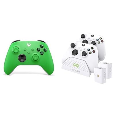 Xbox Wireless Controller – Velocity Green Series X|S, One, and Windows Devices+Venom Twin Charging Dock with 2 x Rechargeable Battery Packs - White Series X & S/One