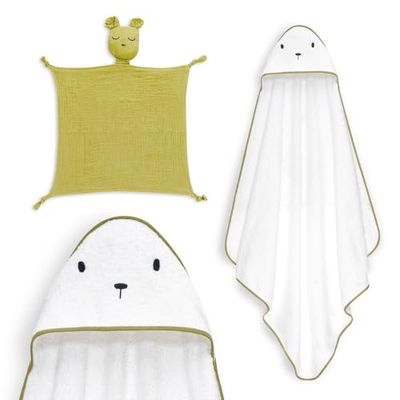Interbaby - Mantello da bagno per bambini + mussola di Dudu | Asciugamano con cappuccio 100% cotone, unisex, morbido, asciugatura rapida, ideale per neonati, neonati e bambini piccoli, design orso