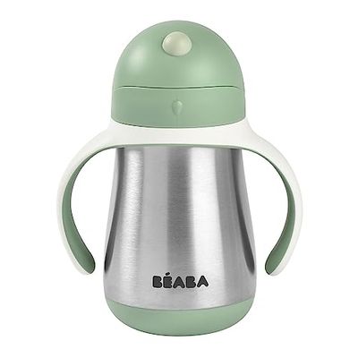 Béaba - Learning Cup - 2 in 1 Baby Bottle - Children's Cup with Straw - 100% Leak-Proof - Easy to Open - Removable Handles Tritan and Silicone - 250 ml - Sage Green