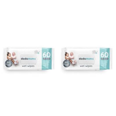 Dadamuma - 99.9% Pure Water Baby Wipes (60 Wipes), Gentle with Newborn Skin, Natural Ingredients, Dermatologically Tested, Plastic-Free, Biodegradable, Eco-Friendly (Pack of 2)