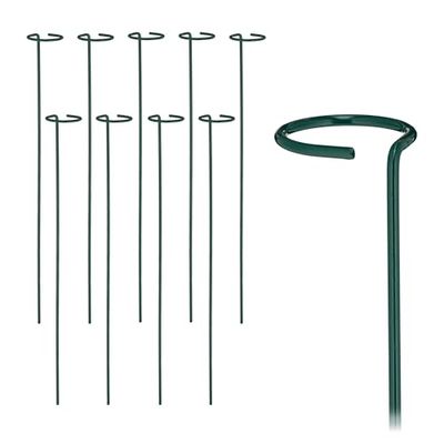 Relaxdays Växtstavar metall, set om 10, rankstavar med ring, metallstavar trädgård, växtstöd stavar, 60 cm långa, mörkgrön