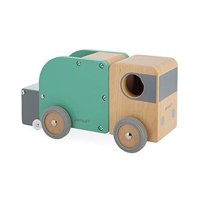 Janod - Bolid Solid Wood Bin Lorry - Magnetic Bin Included - Silent Wheels - Imagination and Fine Motor Skills - FSC-Certified - Water-Based Paints - 2 Years +, J04633