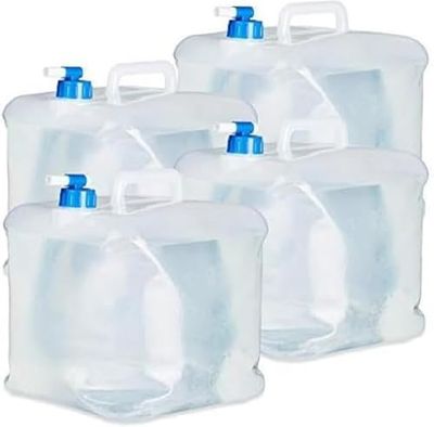 Relaxdays 10020963 - Juego de 4 contenedores de agua plegables, bote de agua potable para festivales y campamentos, 15L, transparente / azul