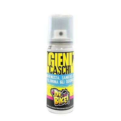 DR. BIKE Igieniz Caschi. Igenizzante casco 100ml. Igienizza, sanifica, elimina odori da caschi bici e moto. Spray pulitore interni casco. Deodorante casco al talco. Contro batteri, lieviti, muffe.