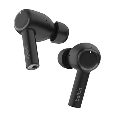 Belkin auriculares con cancelación del ruido SoundForm Pulse, estuche de carga inalámbrica y tres micrófonos por auricular, grado IPX5 de resistencia al agua, iPhone y teléfonos de Samsung - negros