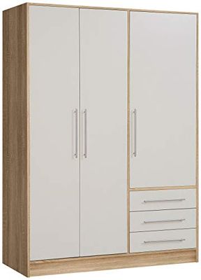 Forte Armário Jupiter 140 150, portas de batente, 3 portas, 3 gavetas, prateleiras, branco/carvalho Sonoma, 145 x 200 x 60 cm