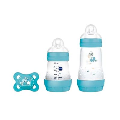 MAM Easy Start Anti-Colic Starter Set S, Baby första utrustning med 2 anti-kolikflaskor (160 ml & 260 ml) inkl. nappstorlek 1 och napp, baby presentset, från födseln, blå