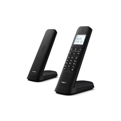 Philips DECT M4701B/12 - Telefono Fisso Cordless 2-Pack, Display 4,6 cm, Schermo LCD, Retroilluminazione, Rubrica 50 Numeri, Vivavoce, Tasti Programmabili, Suono HQ - Nero