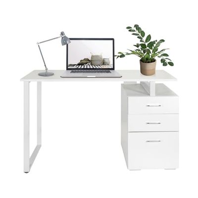 hjh OFFICE 821007 Bureau Blanc Easy Work V 120x50 cm Table d'ordinateur Moderne avec Caisson sur Pied, Facile d'entretien